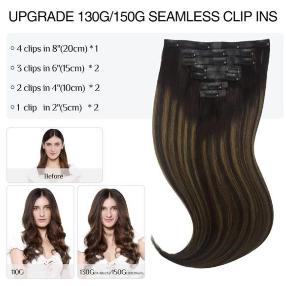 Hair Extensions Clip in Human Hair Dark Brown to Chestnut Brown 7pcs 150g 20Inch - Picture 2 of 7